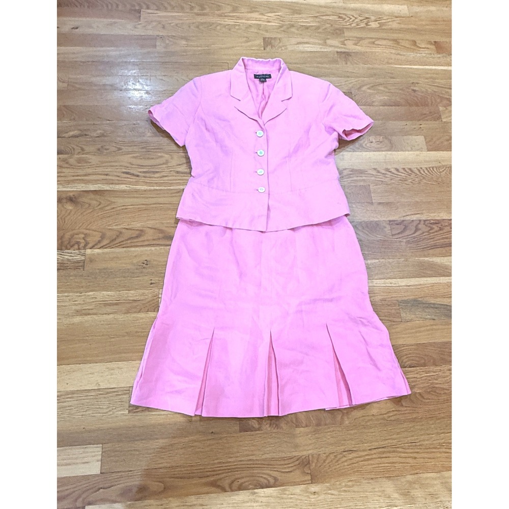 Harolds Pink Linen Blend Skirt Suit Set Short Sleeve Blazer Pleated Midi Size 8